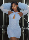 Mesh Cross Hollow Long Sleeve Plush Cuff Tight Hip Miniskirt Dress