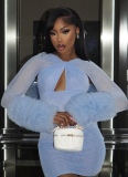 Mesh Cross Hollow Long Sleeve Plush Cuff Tight Hip Miniskirt Dress