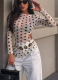 Polka Dot Print Mesh See-through Irregular Long-sleeved Top