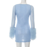 Mesh Cross Hollow Long Sleeve Plush Cuff Tight Hip Miniskirt Dress