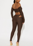 Hot Girl One-Shoulder Long-Sleeved Cropped Top Hollowed Tights Set