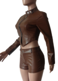 New PU Long-Sleeved Zipper Top And Shorts Stretch Two-Piece Set