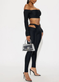 Hot Girl One-Shoulder Long-Sleeved Cropped Top Hollowed Tights Set