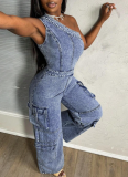 Off-Shoulder Tight Waist Slim Fit Stretch Washed Denim Jumpsuit