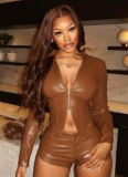 New PU Long-Sleeved Zipper Top And Shorts Stretch Two-Piece Set