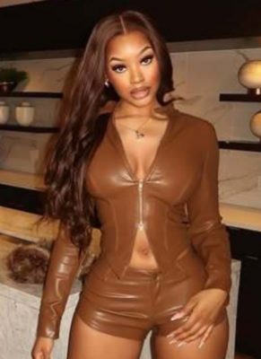 New PU Long-Sleeved Zipper Top And Shorts Stretch Two-Piece Set