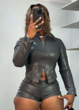 New PU Long-Sleeved Zipper Top And Shorts Stretch Two-Piece Set