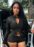 New PU Long-Sleeved Zipper Top And Shorts Stretch Two-Piece Set