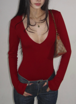 Solid Color Design V-neck Slim Long-sleeved Jumpsuit T-shirt Top