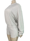 Long-Sleeved Crew Neck Sweatshirt With Pocket Drawstring Shorts Casual Two-Piece Suit