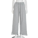 Solid Color Basic Style Wide-leg Slit Elastic Waist Casual Sweatpants