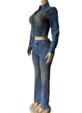 New Retro Distressed Stretch Long-Sleeved Top And Flared Trousers Set