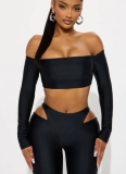 Hot Girl One-Shoulder Long-Sleeved Cropped Top Hollowed Tights Set