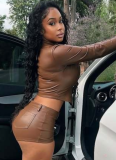 New PU Long-Sleeved Zipper Top And Shorts Stretch Two-Piece Set