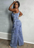 Off-Shoulder Tight Waist Slim Fit Stretch Washed Denim Jumpsuit