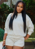 Long-Sleeved Crew Neck Sweatshirt With Pocket Drawstring Shorts Casual Two-Piece Suit