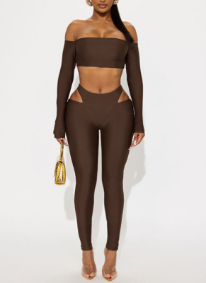 Hot Girl One-Shoulder Long-Sleeved Cropped Top Hollowed Tights Set