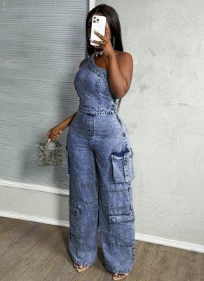 Off-Shoulder Tight Waist Slim Fit Stretch Washed Denim Jumpsuit