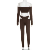 Hot Girl One-Shoulder Long-Sleeved Cropped Top Hollowed Tights Set