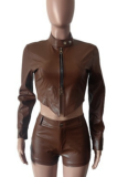 New PU Long-Sleeved Zipper Top And Shorts Stretch Two-Piece Set