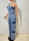 Off-Shoulder Tight Waist Slim Fit Stretch Washed Denim Jumpsuit