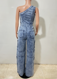 Off-Shoulder Tight Waist Slim Fit Stretch Washed Denim Jumpsuit