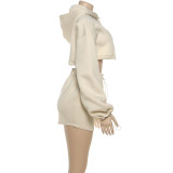 Fashionable Hooded Long-sleeved Solid Color Simple Arm-wrapped Short Skirt Suit