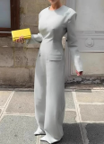 Fashion Long-sleeved Loose Casual Waist Straight Jumpsuit