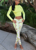 Solid Color Long-sleeved Top and Ripple Print Trousers Two-piece Set