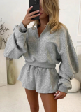 Solid Color Casual Long-sleeved Sweatshirt Top Loose Three-quarter Shorts Suit