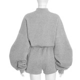 Solid Color Casual Long-sleeved Sweatshirt Top Loose Three-quarter Shorts Suit