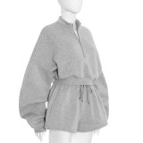 Solid Color Casual Long-sleeved Sweatshirt Top Loose Three-quarter Shorts Suit