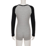 Casual Tight-fitting Contrast Color Raglan Long-sleeved Sports Short Jumpsuit