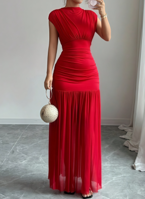 Solid Color Round Neck Flying Sleeve Waist Pleated Temperament Long Dress