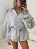 Solid Color Casual Long-sleeved Sweatshirt Top Loose Three-quarter Shorts Suit