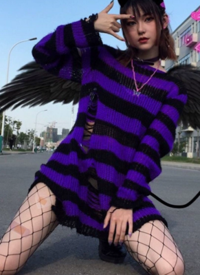 New Loose Striped Ripped Thin Knitted Sweater