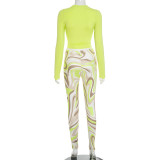 Solid Color Long-sleeved Top and Ripple Print Trousers Two-piece Set
