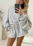 Solid Color Casual Long-sleeved Sweatshirt Top Loose Three-quarter Shorts Suit