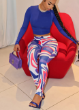 Solid Color Long-sleeved Top and Ripple Print Trousers Two-piece Set