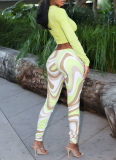 Solid Color Long-sleeved Top and Ripple Print Trousers Two-piece Set