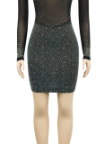 Fashionable And Sexy Nightclub Rhinestone Mesh See-Through Long-Sleeved Dress