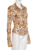New Leopard Print Lapel Long Sleeve Button-Down Slim-Fit Shirt