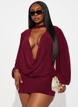 Autumn Solid Color Casual Deep V-Neck Long-Sleeved Top Mini Skirt Suit