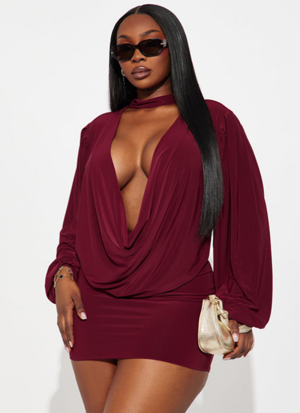Autumn Solid Color Casual Deep V-Neck Long-Sleeved Top Mini Skirt Suit