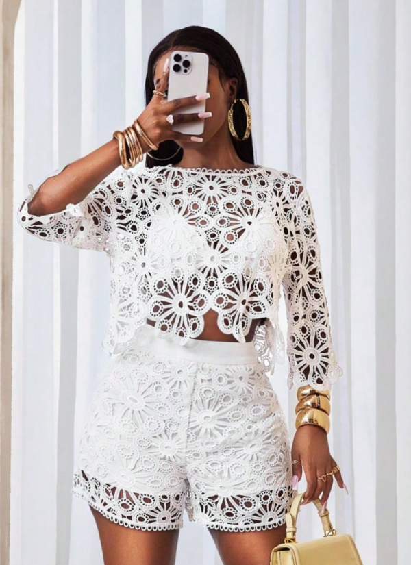 Fashion Hollow Crochet Short Sleeve Round Neck Top Sexy See-Through Shorts Set