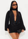 Autumn Solid Color Casual Deep V-Neck Long-Sleeved Top Mini Skirt Suit