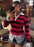 Loose Casual Striped Contrast Lapel POLO Shirt Sweatshirt