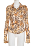 New Leopard Print Lapel Long Sleeve Button-Down Slim-Fit Shirt