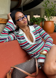 Casual Striped Contrast Lapel Deep V Long-Sleeved Top And Shorts Set