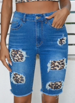 High-waisted Ripped Patchwork and Raw-edge Stretch Denim Shorts